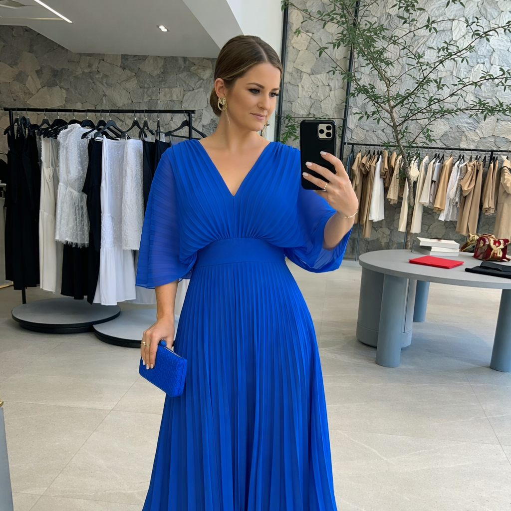 Valerija - Pleated V Neck Maxi Dress Short Sleeve