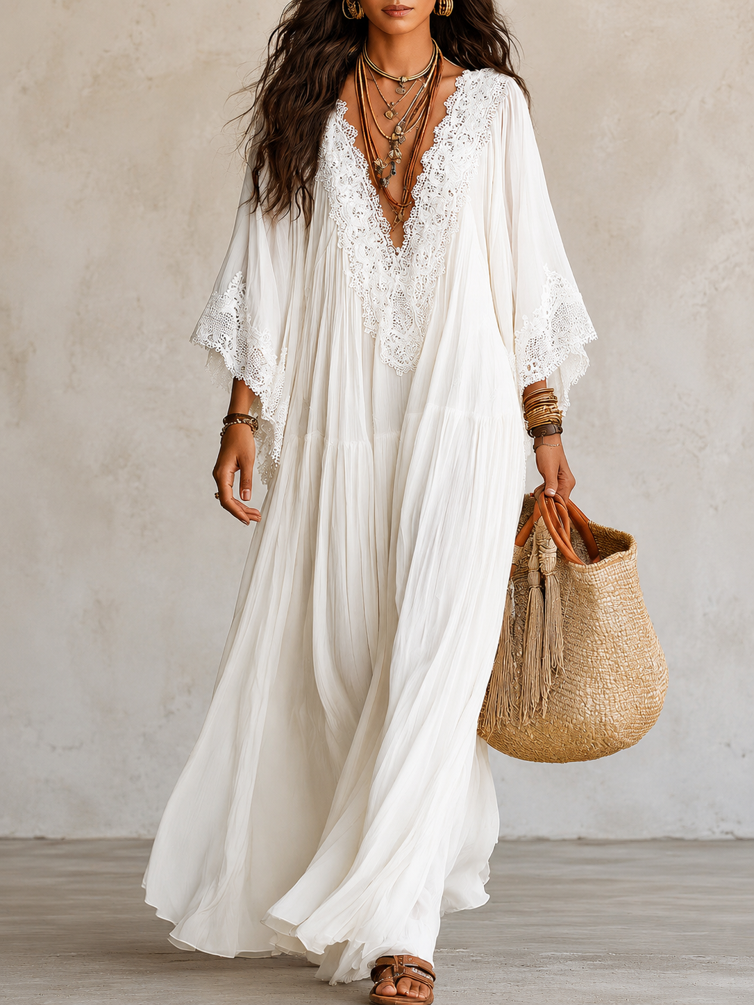 Shimmila | Maxi Dress White Lace V-Neck Loose