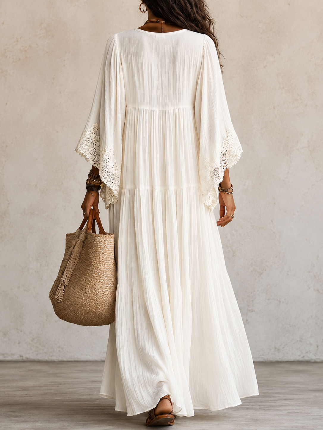 Shimmila | Maxi Dress White Lace V-Neck Loose