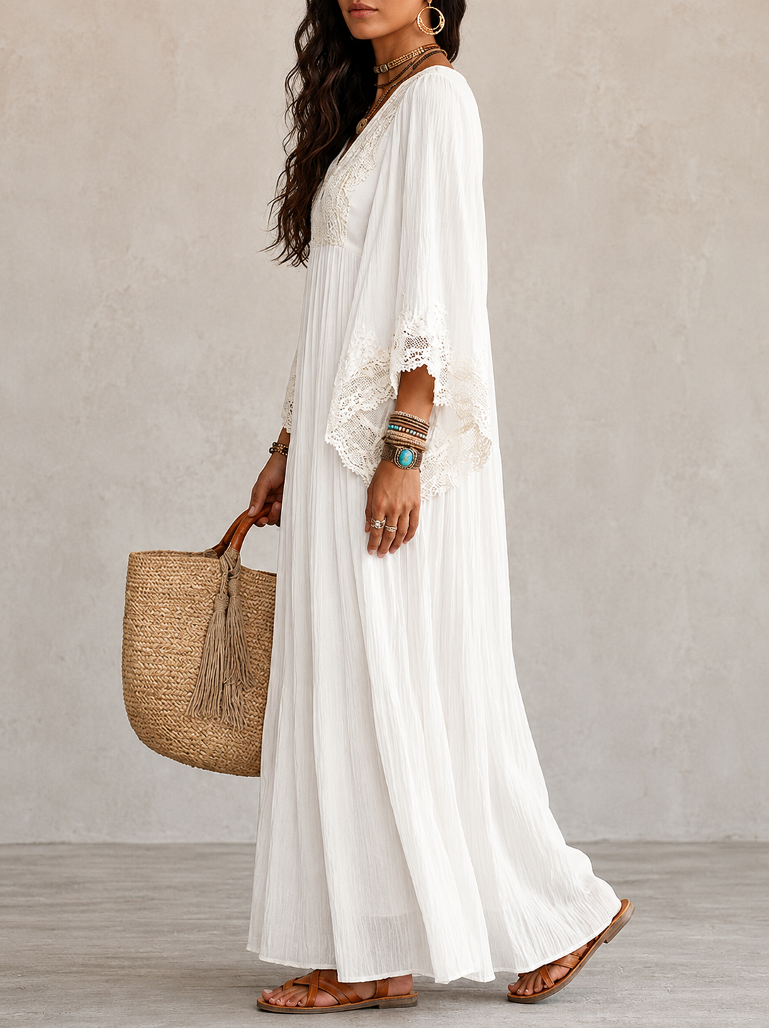 Shimmila | Maxi Dress White Lace V-Neck Loose