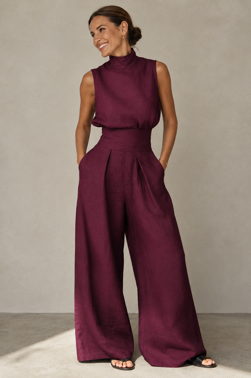 Winka | Sleeveless Mock Neck Wide Leg Jumpsuit