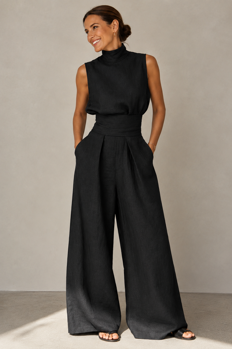 Winka | Sleeveless Mock Neck Wide Leg Jumpsuit