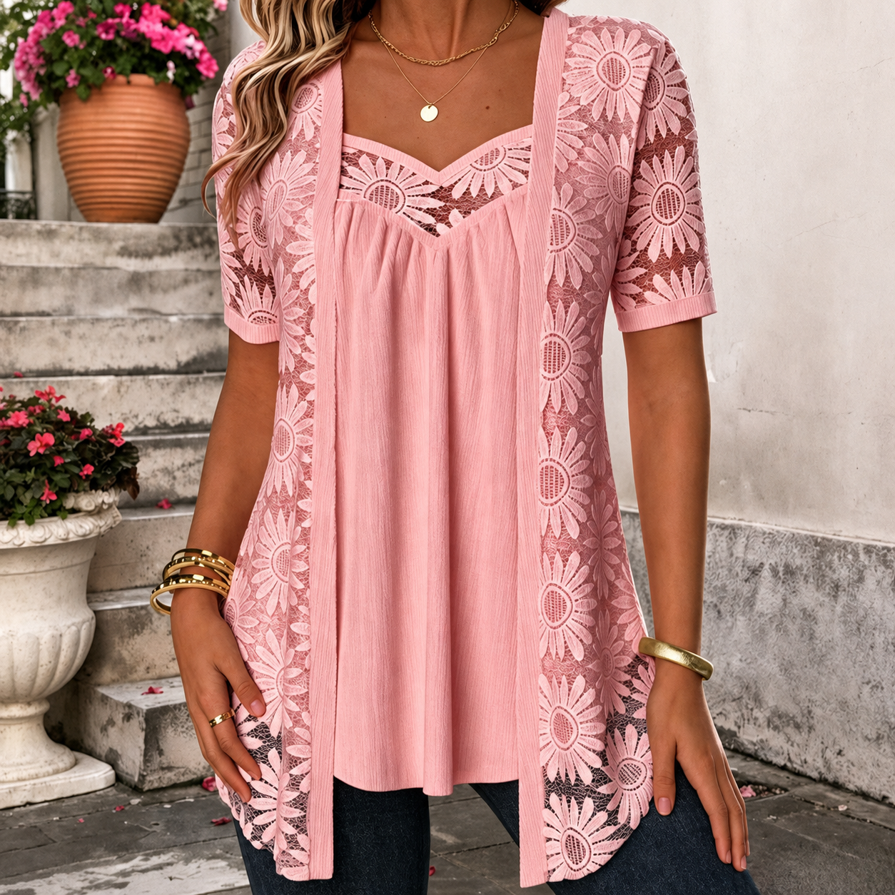 Yahaira | Lace Panel Short Sleeve Tunic