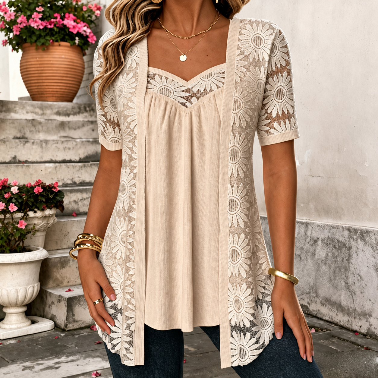 Yahaira | Lace Panel Short Sleeve Tunic