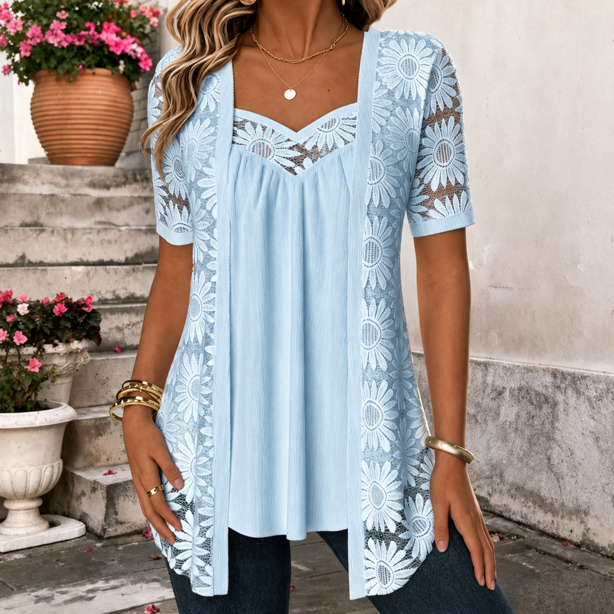 Yahaira | Lace Panel Short Sleeve Tunic