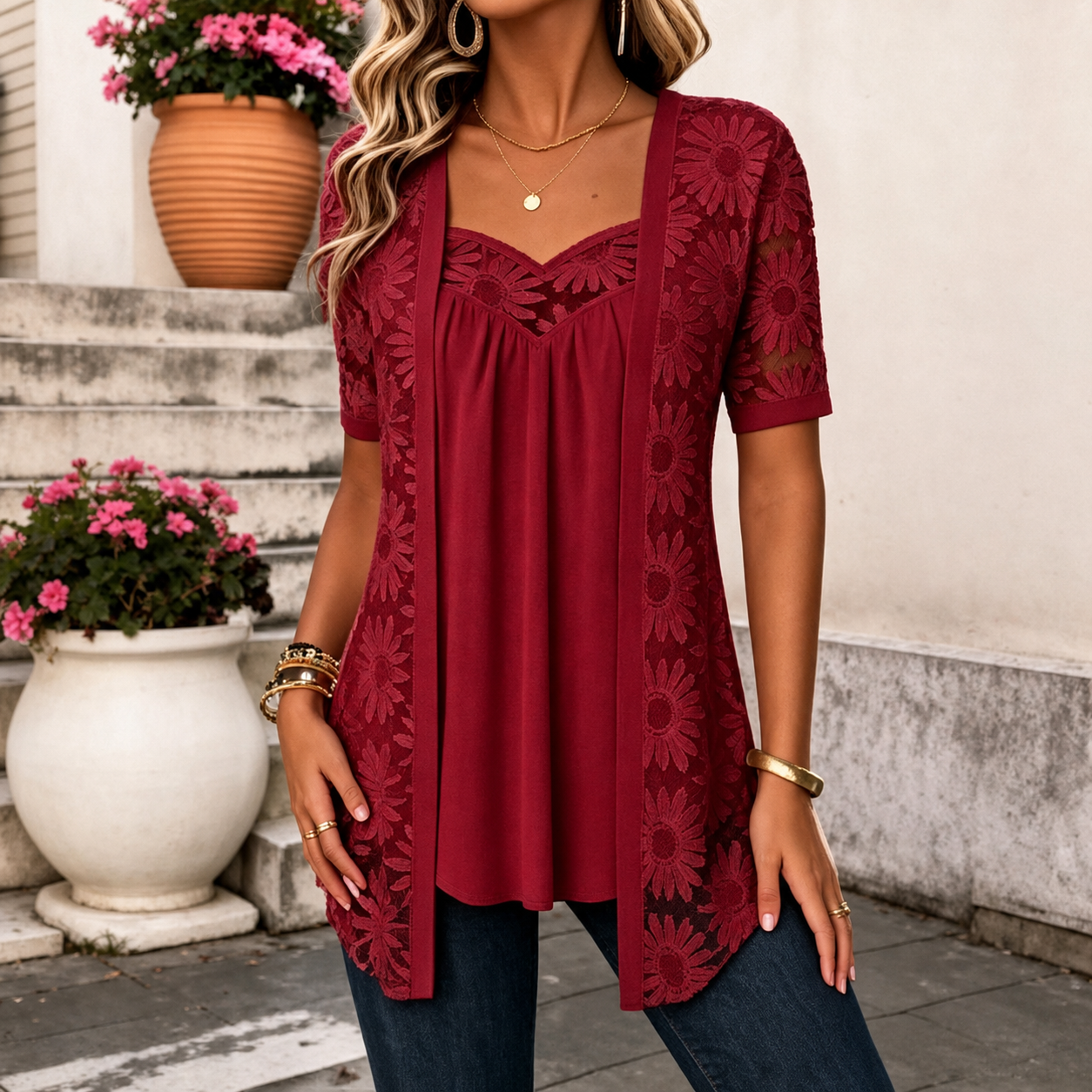 Yahaira | Lace Panel Short Sleeve Tunic