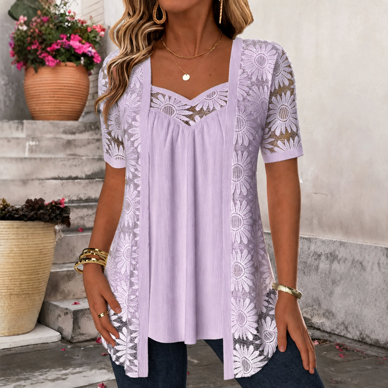 Yahaira | Lace Panel Short Sleeve Tunic