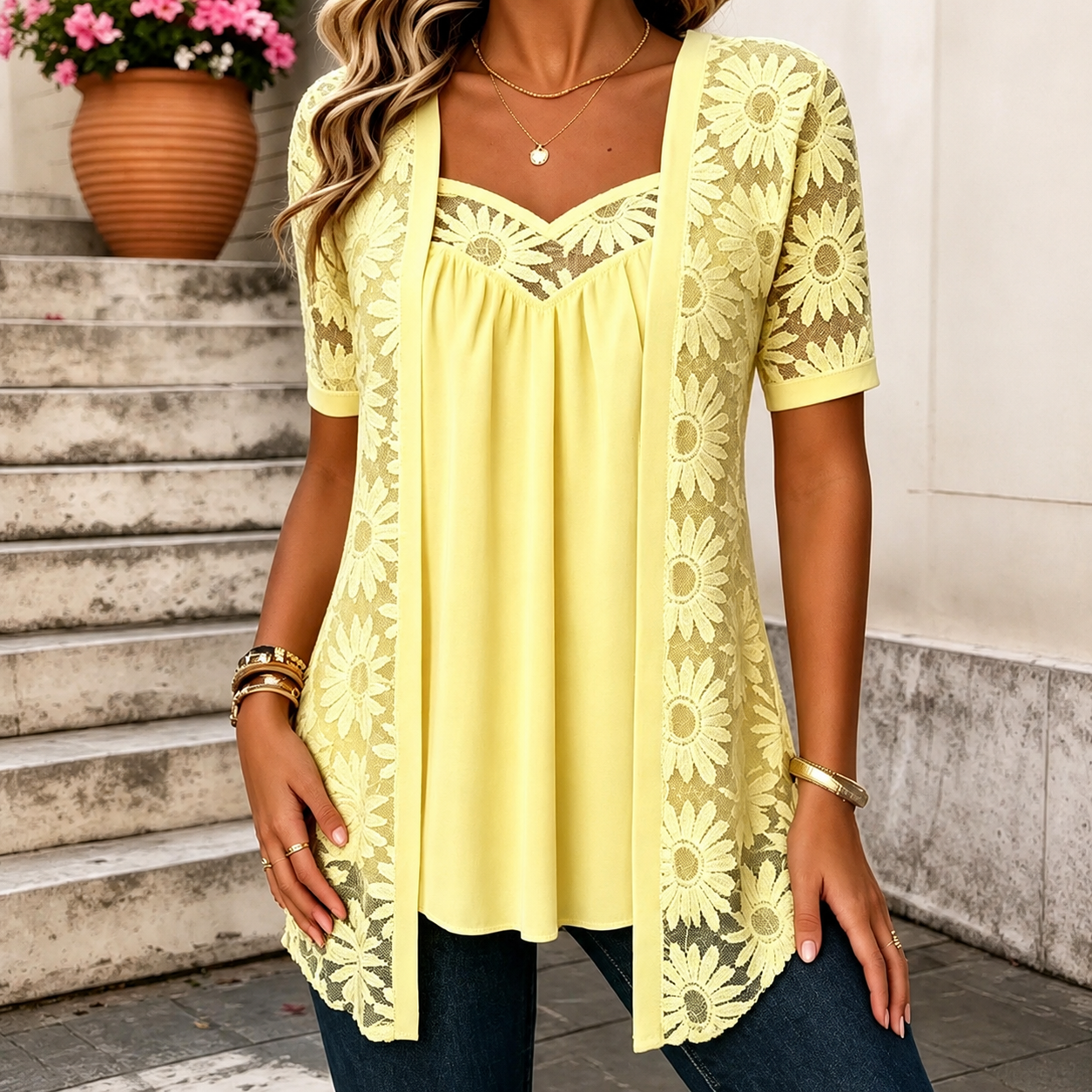 Yahaira | Lace Panel Short Sleeve Tunic