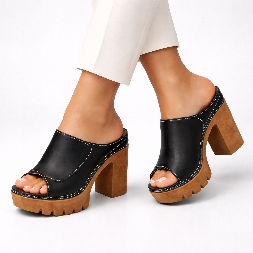 Nicolien - Open Toe Platform Block Heel Mules