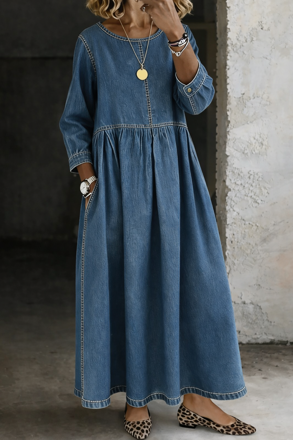 Stelzer | Denim-Style Round Neck Long Sleeve Maxi Dress