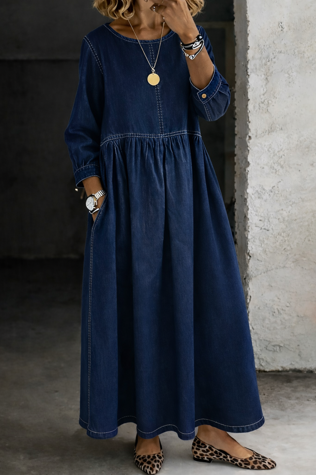 Stelzer | Denim-Style Round Neck Long Sleeve Maxi Dress