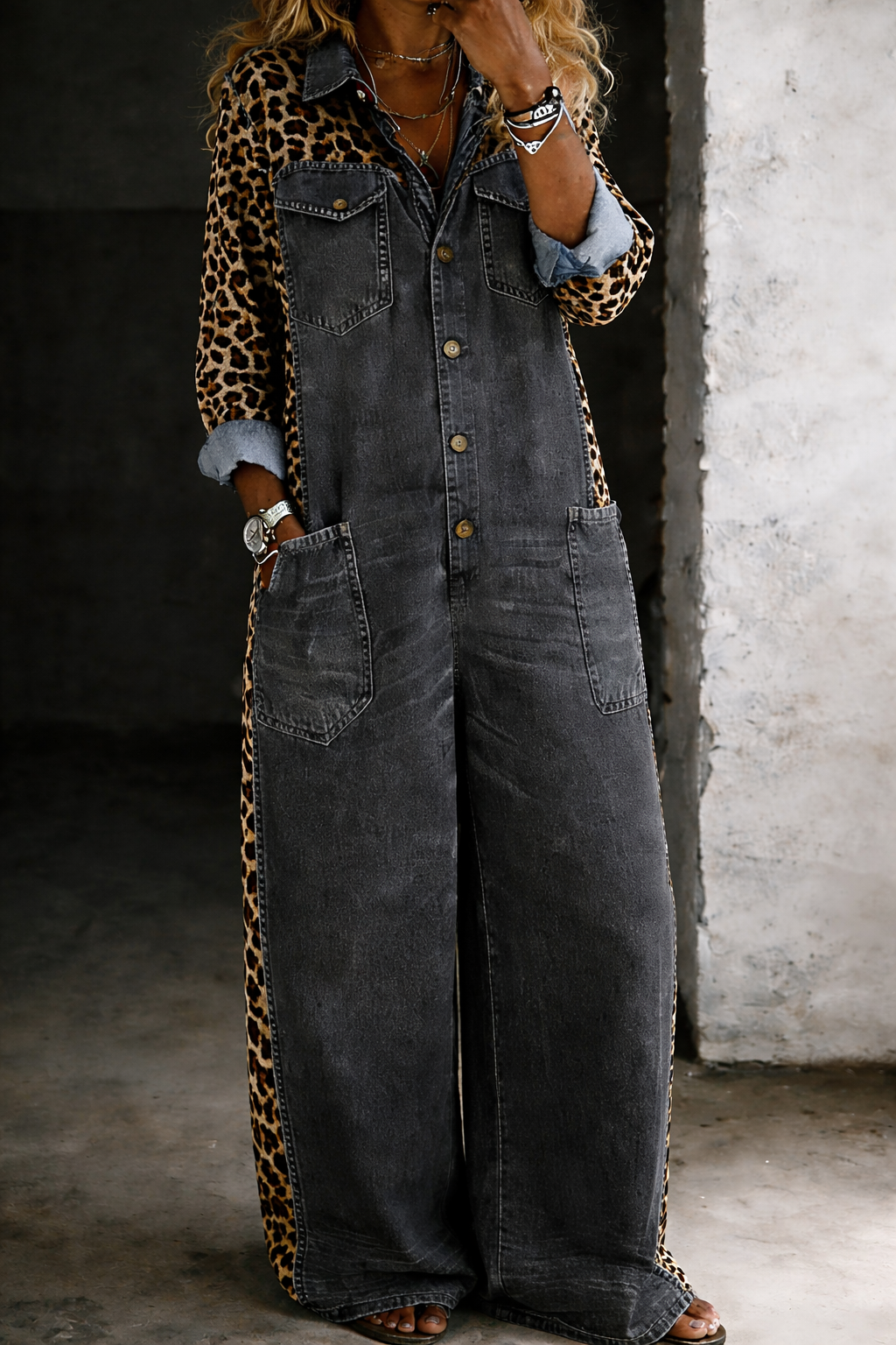 Sakshi | Jumpsuit Leopard Print Button Front Wide Leg