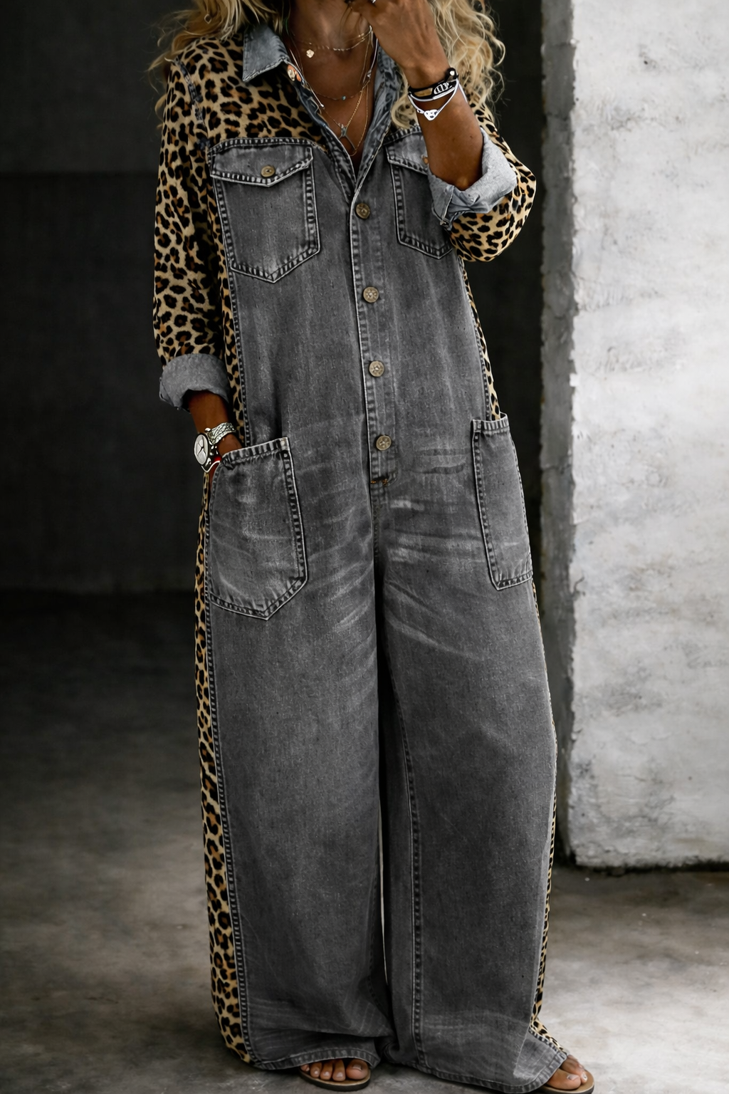 Sakshi | Jumpsuit Leopard Print Button Front Wide Leg