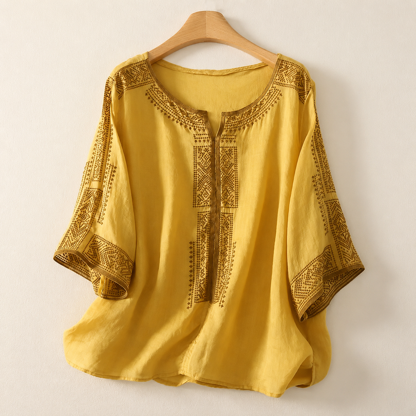 Alivette | Embroidered Linen Blouse in Yellow