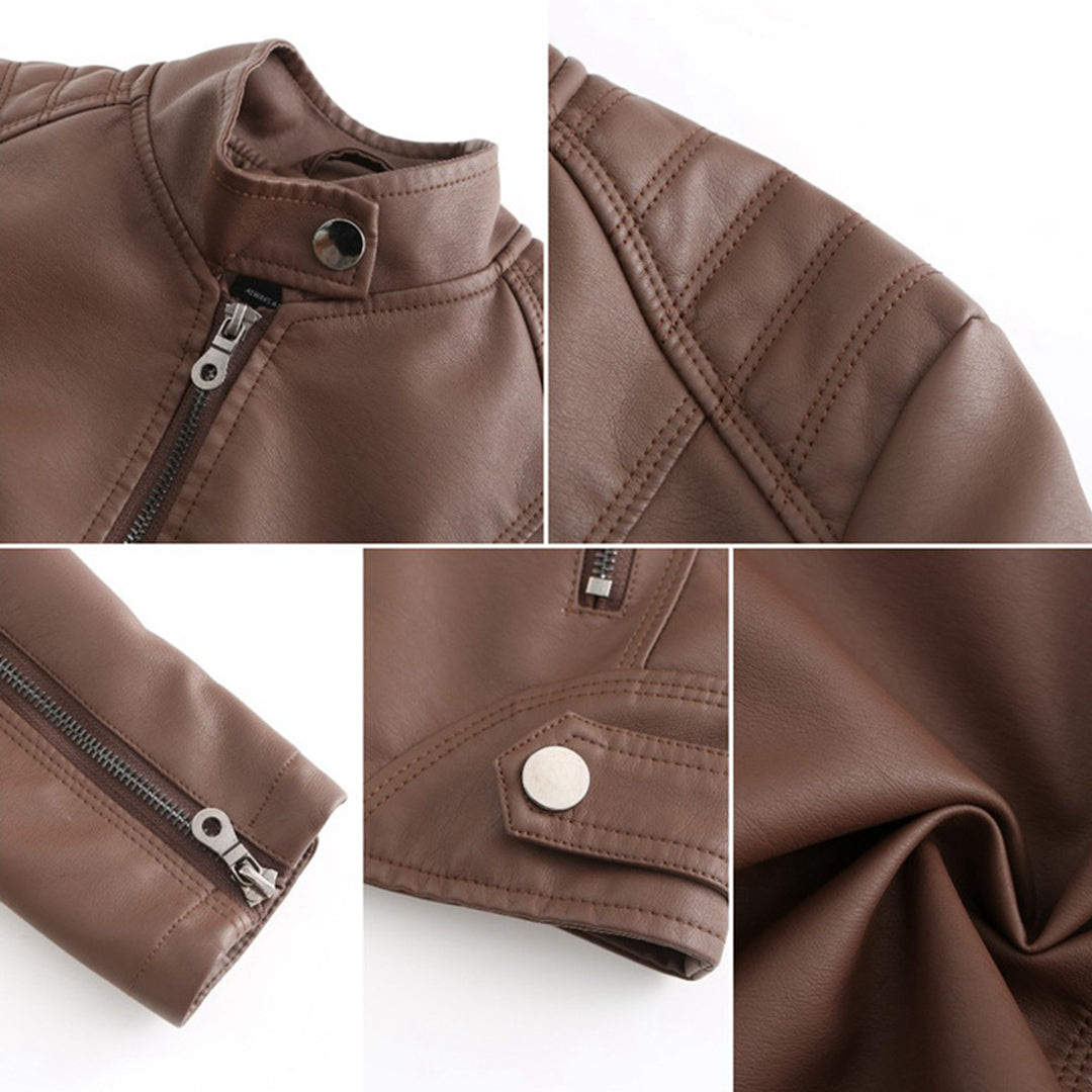 Hanneke | Faux Leather Stand Collar Zip Jacket