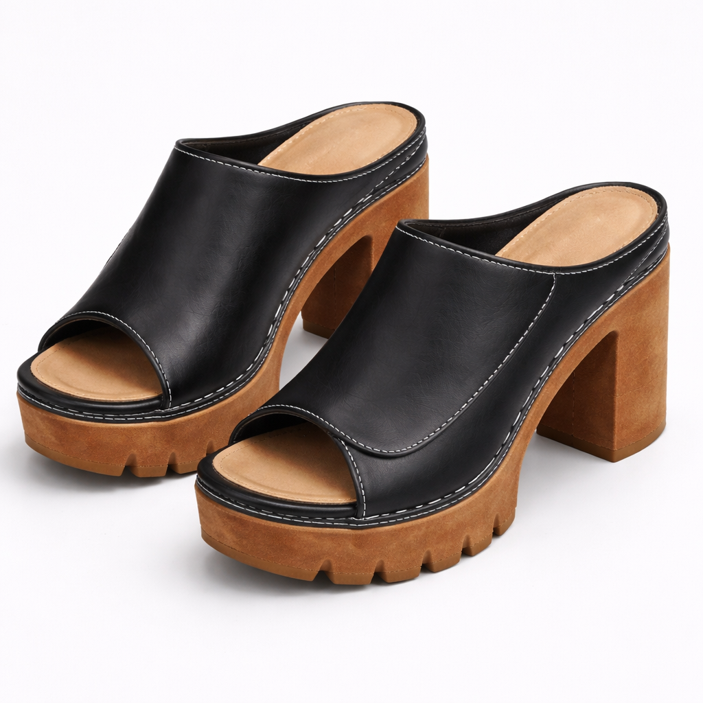 Nicolien - Open Toe Platform Block Heel Mules