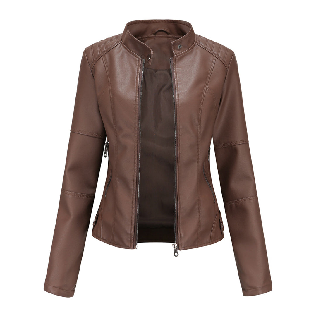 Hanneke | Faux Leather Stand Collar Zip Jacket
