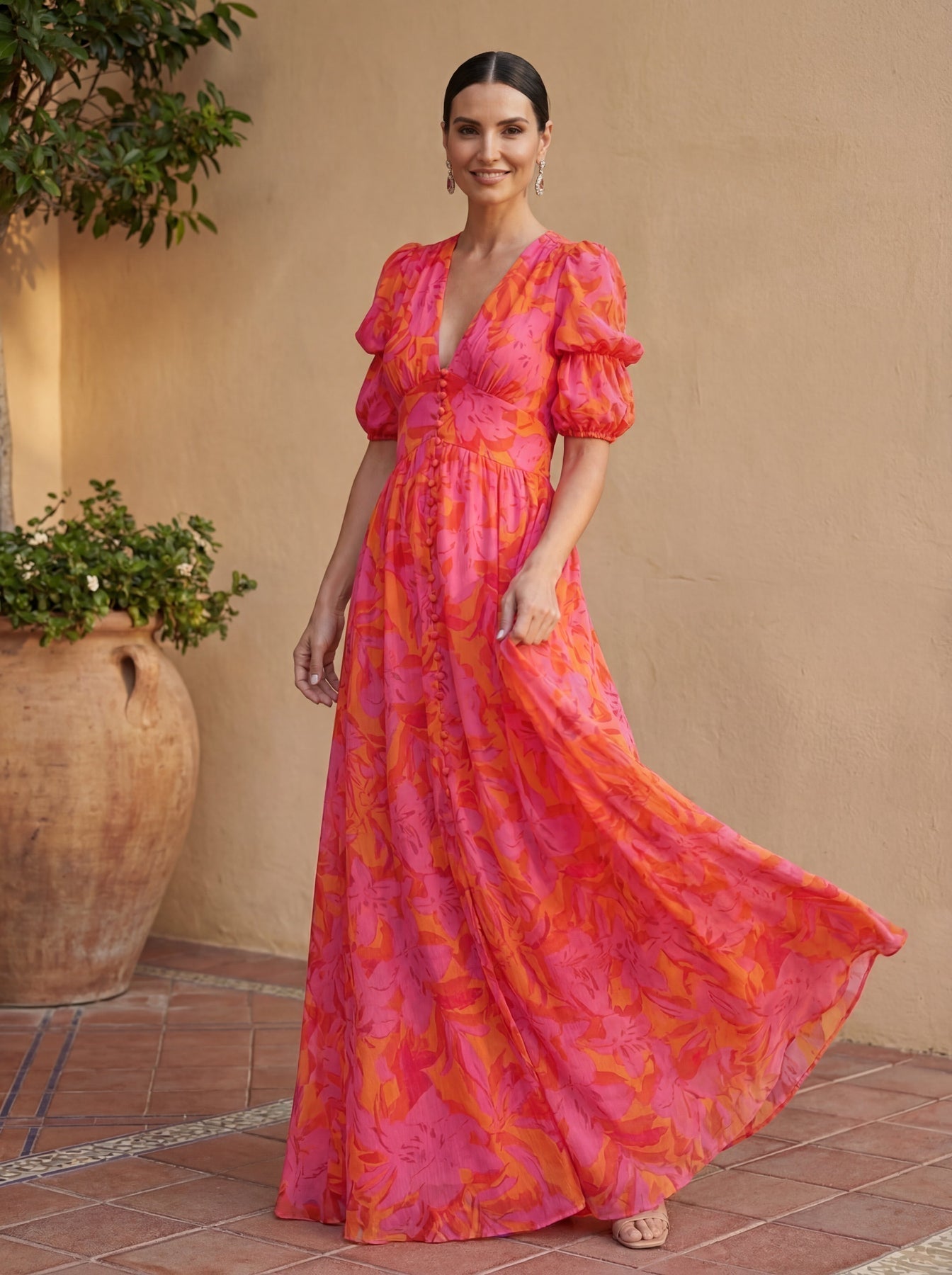 Zinnia | Maxi Dress Floral V Neck Puff Sleeve
