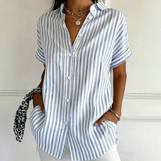 Alishia - Striped Button Front Short Sleeve Blouse