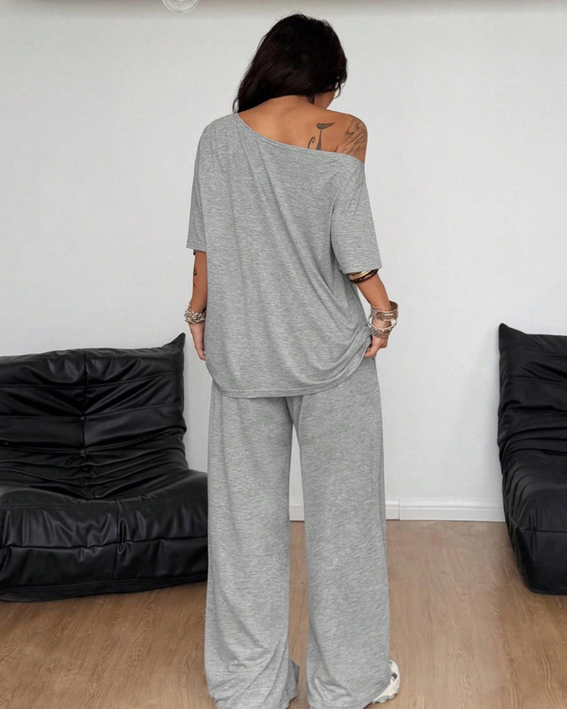 Ratirat - Off Shoulder Wide Leg Pants Set