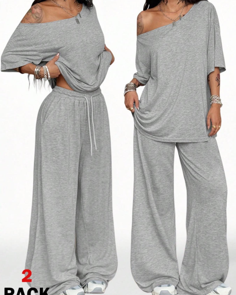 Ratirat - Off Shoulder Wide Leg Pants Set