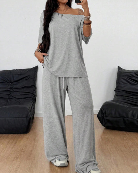 Ratirat - Off Shoulder Wide Leg Pants Set