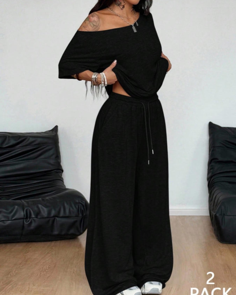 Ratirat - Off Shoulder Wide Leg Pants Set