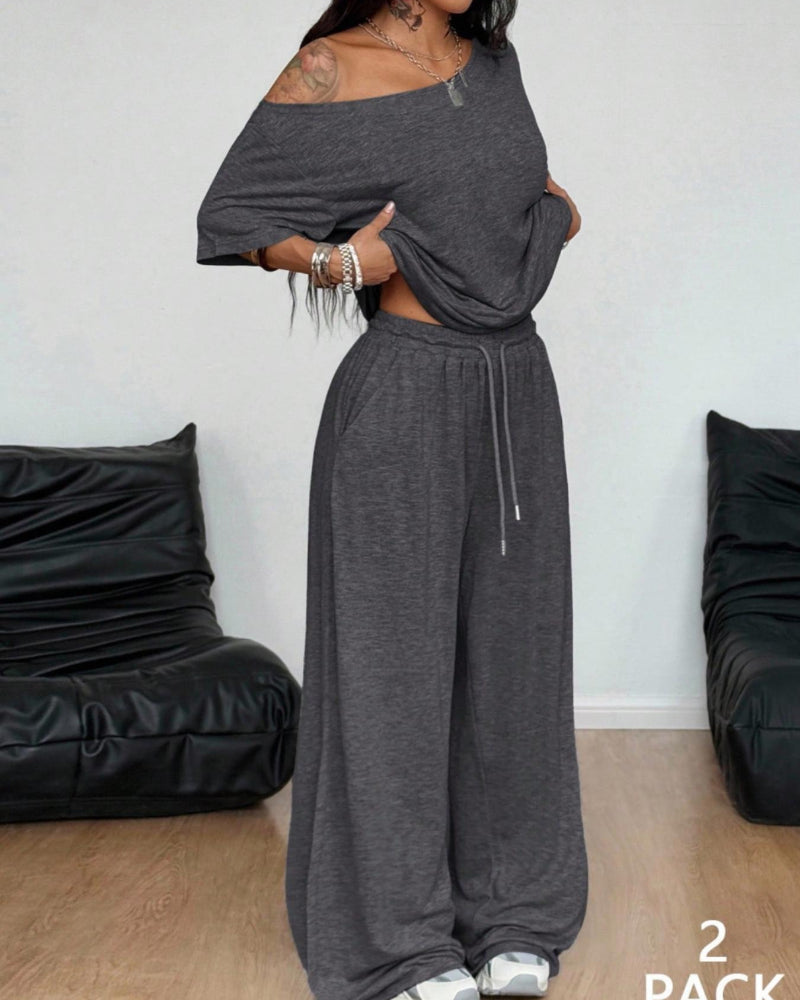 Ratirat - Off Shoulder Wide Leg Pants Set