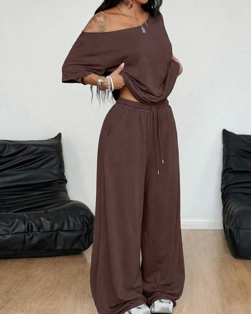 Ratirat - Off Shoulder Wide Leg Pants Set