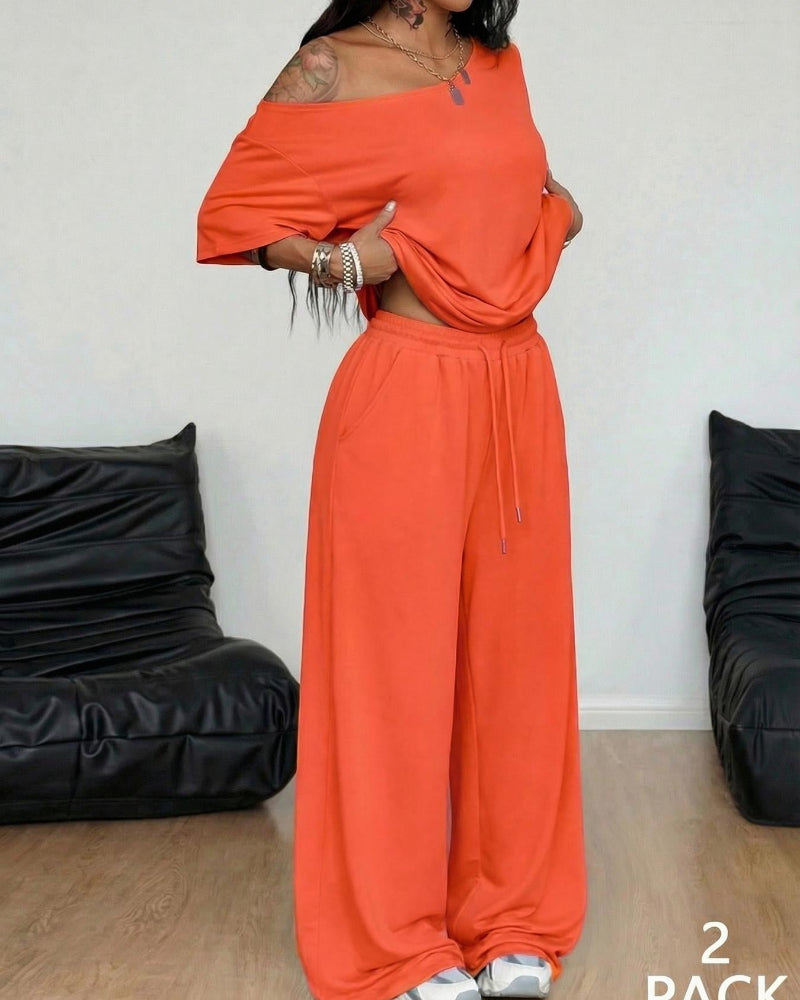 Ratirat - Off Shoulder Wide Leg Pants Set