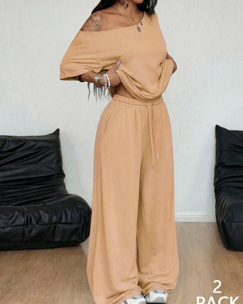 Ratirat - Off Shoulder Wide Leg Pants Set