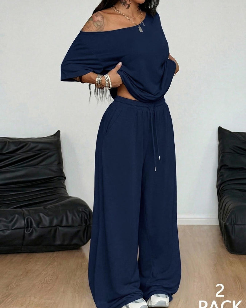 Ratirat - Off Shoulder Wide Leg Pants Set
