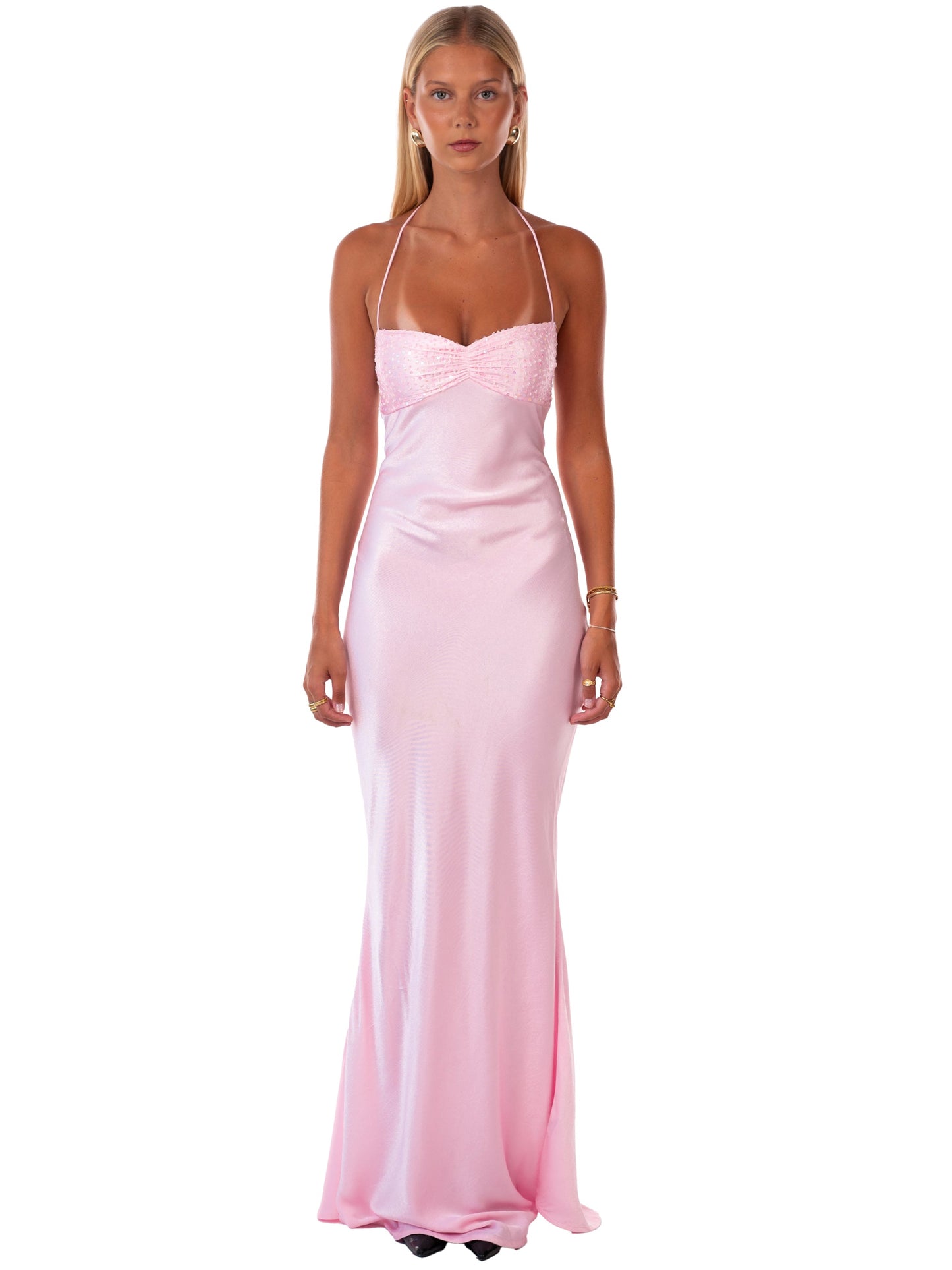 Nilysha | Sleeveless Halter Neck Sequin Maxi Dress