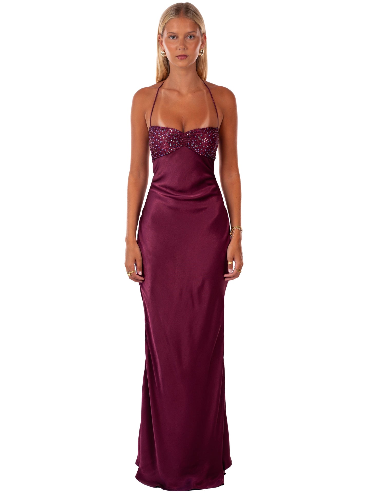 Nilysha | Sleeveless Halter Neck Sequin Maxi Dress