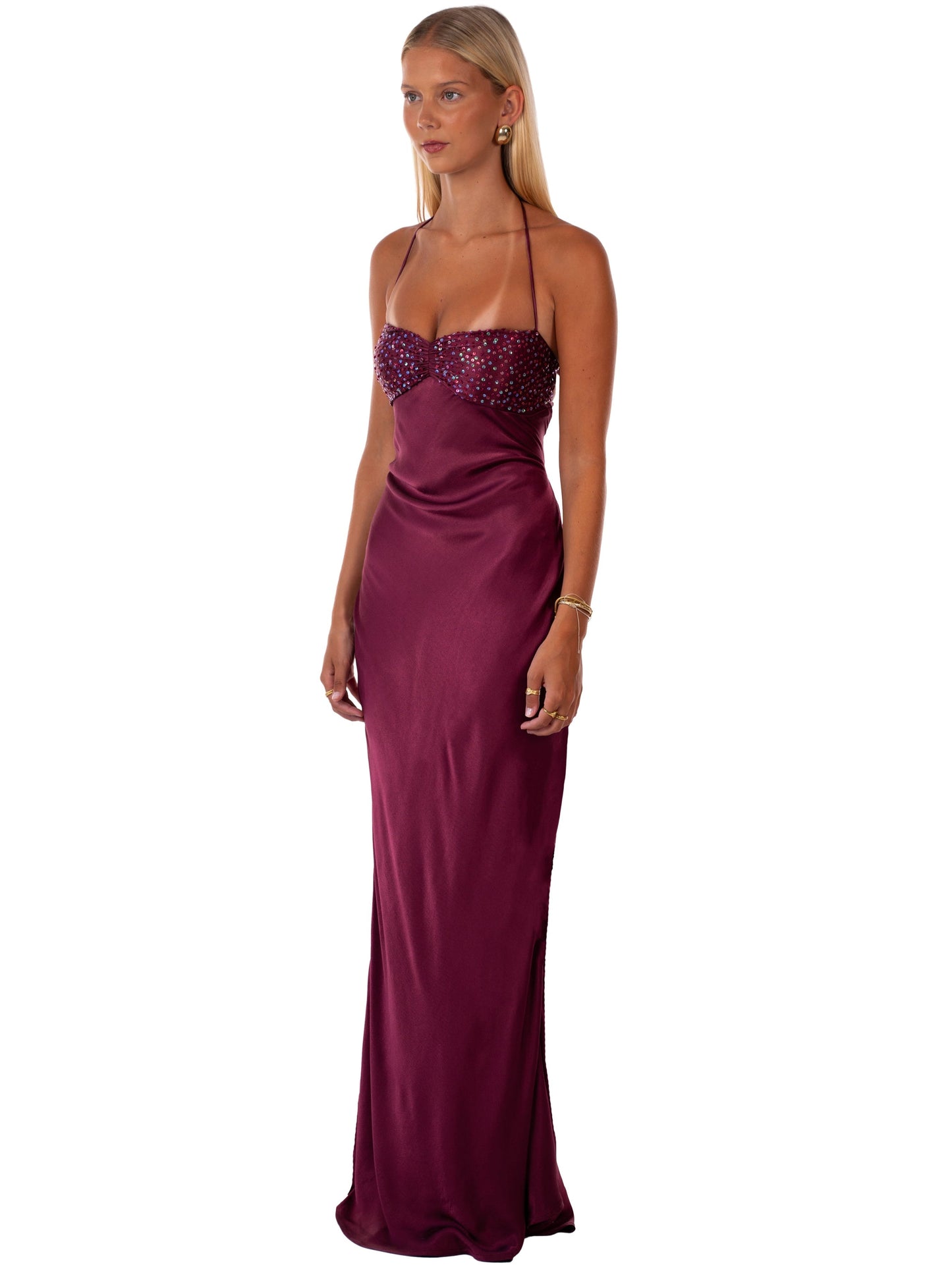 Nilysha | Sleeveless Halter Neck Sequin Maxi Dress