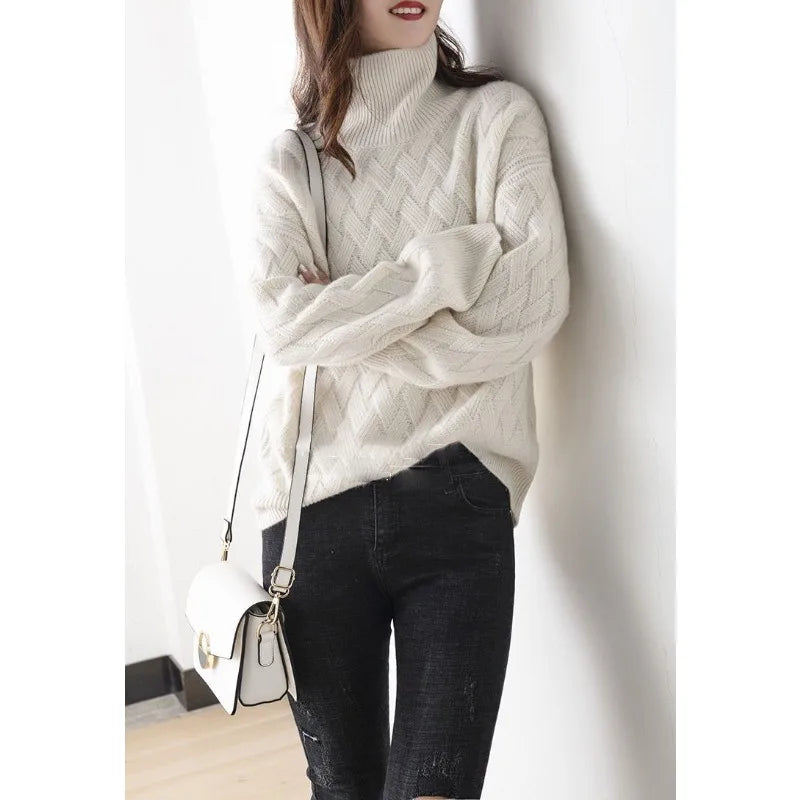 Rachael | Sweater Ivory Turtleneck Long Sleeve Textured Knit