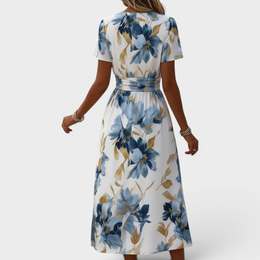 Elinza | Floral V-Neck Short Sleeve Midi Dress
