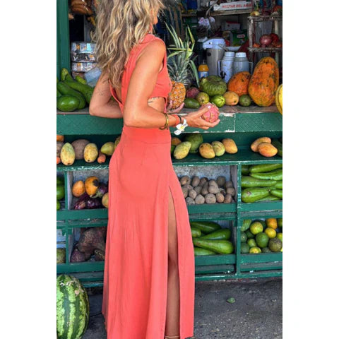 Teigra | Maxi Dress V Neck Cutout Slit