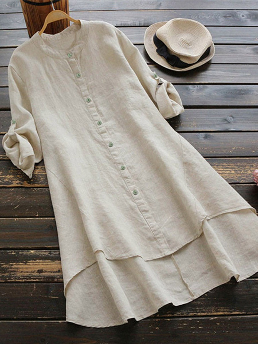 Haleena - Button Front Rolled Sleeve Midi Dress