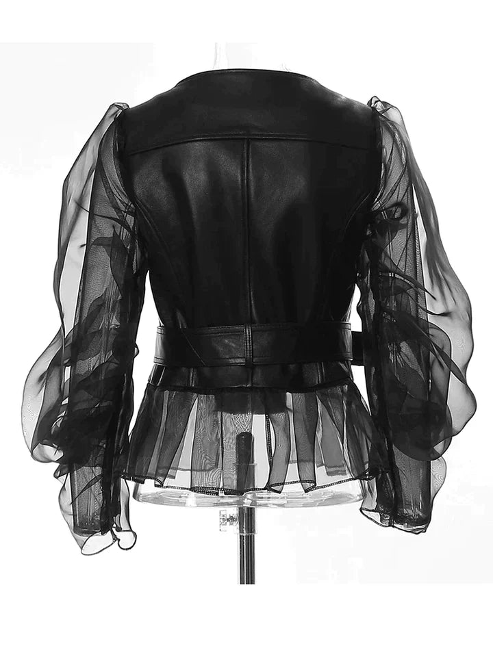 Sharnah | Jacket Black Leather-Look Mesh Long Sleeves