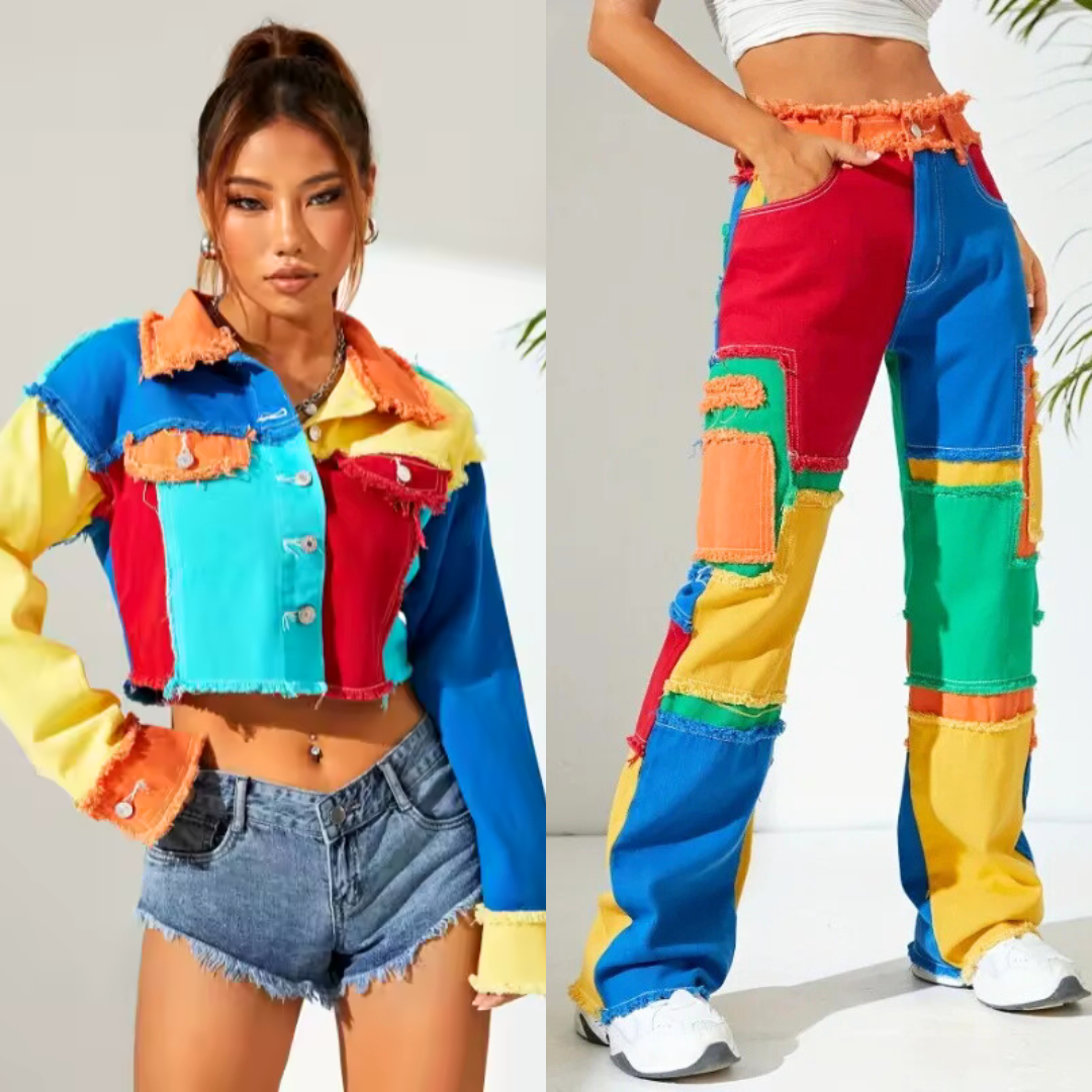 Mayra | Cropped Patchwork Denim Jacket and Pants Set