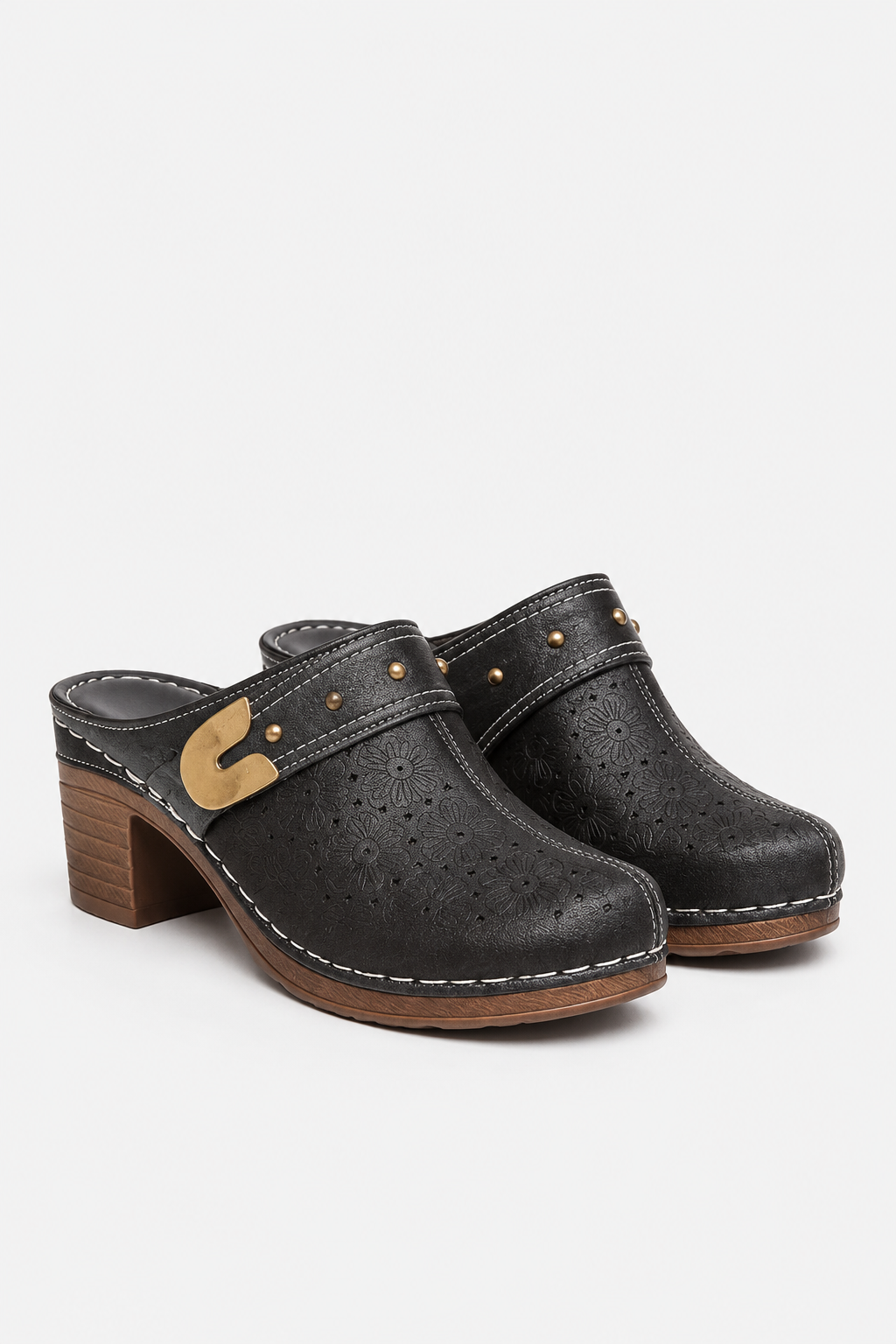 Belinda | Heeled Slip-On Clogs With Floral Cutouts