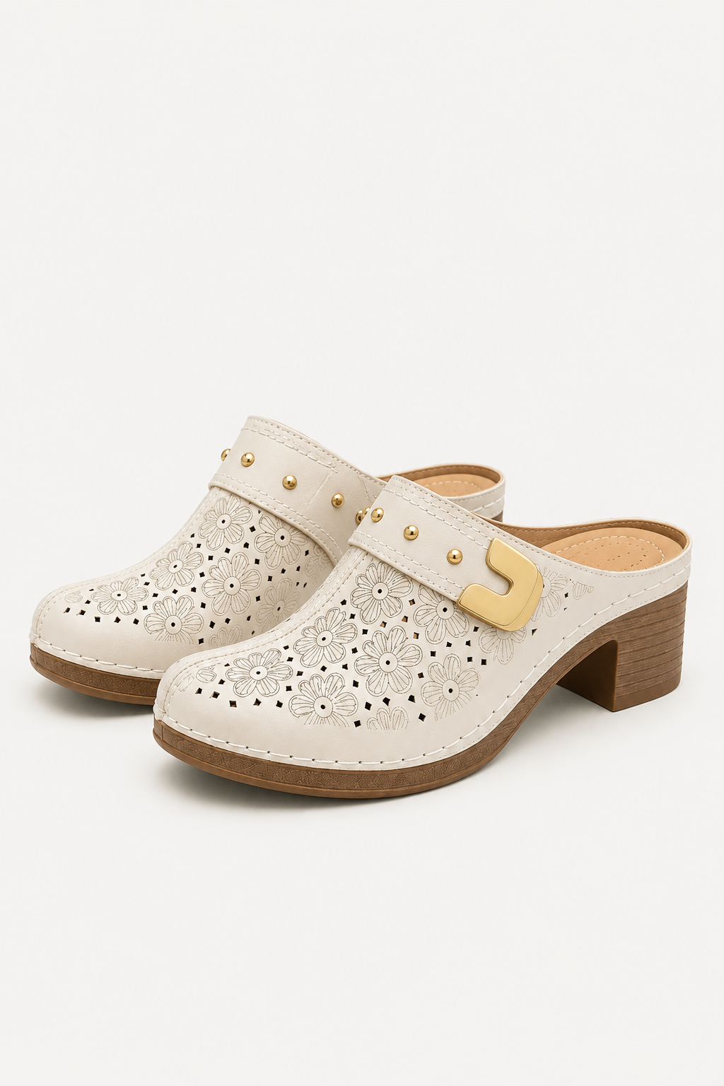 Belinda | Heeled Slip-On Clogs With Floral Cutouts