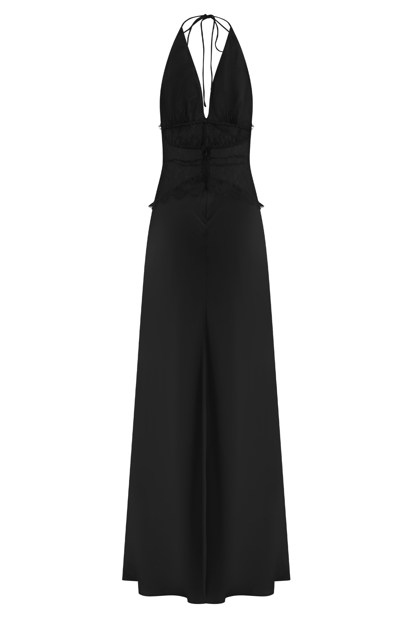 Mayreen | Black Halter Neck Lace Satin Dress