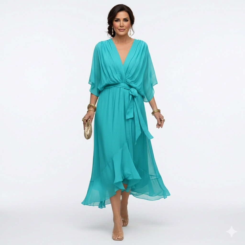 Zagda | Chiffon V-Neck Tie Waist Midi Dress
