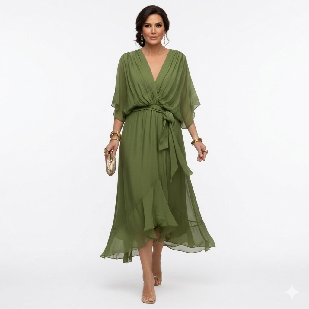 Zagda | Chiffon V-Neck Tie Waist Midi Dress