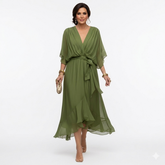 Zagda | Chiffon V-Neck Tie Waist Midi Dress