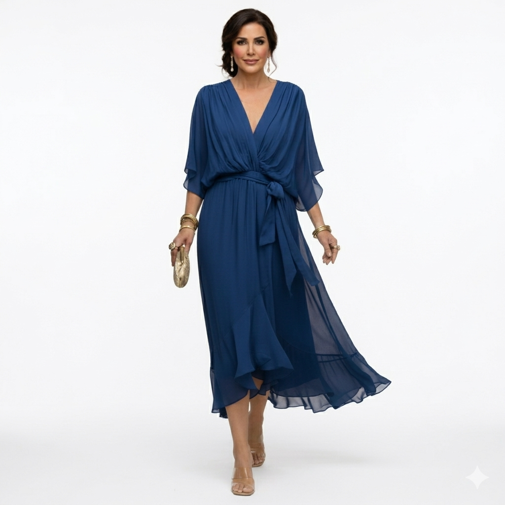 Zagda | Chiffon V-Neck Tie Waist Midi Dress