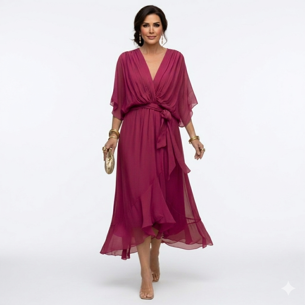Zagda | Chiffon V-Neck Tie Waist Midi Dress