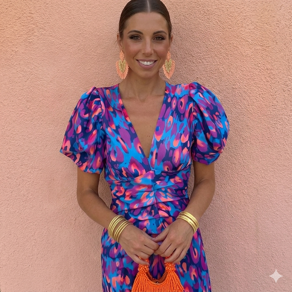 Nutta | Printed Midi Dress with Puff Sleeves